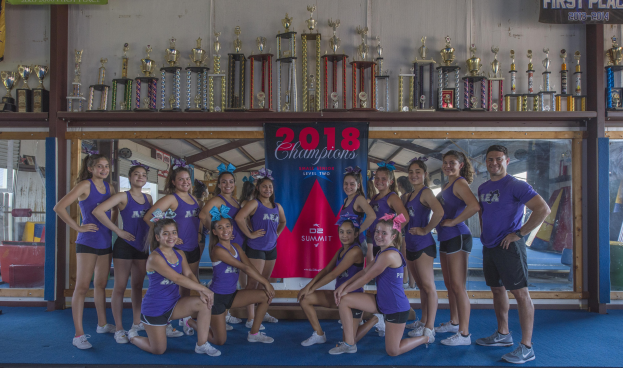 Gruppe von Cheerleadern in lila T-Shirts und schwarzen Shorts, die vor einer Vitrine mit einer '2018 Summit Cheerleading Champions'-Aufschrift posieren.