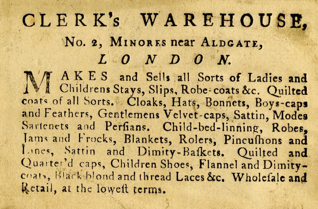 Anzeigetafel für Clerk's Warehouse, Nr. 2 Minories in der Nähe von Aldgate, London, mit Text, der seine Angebote beschreibt.