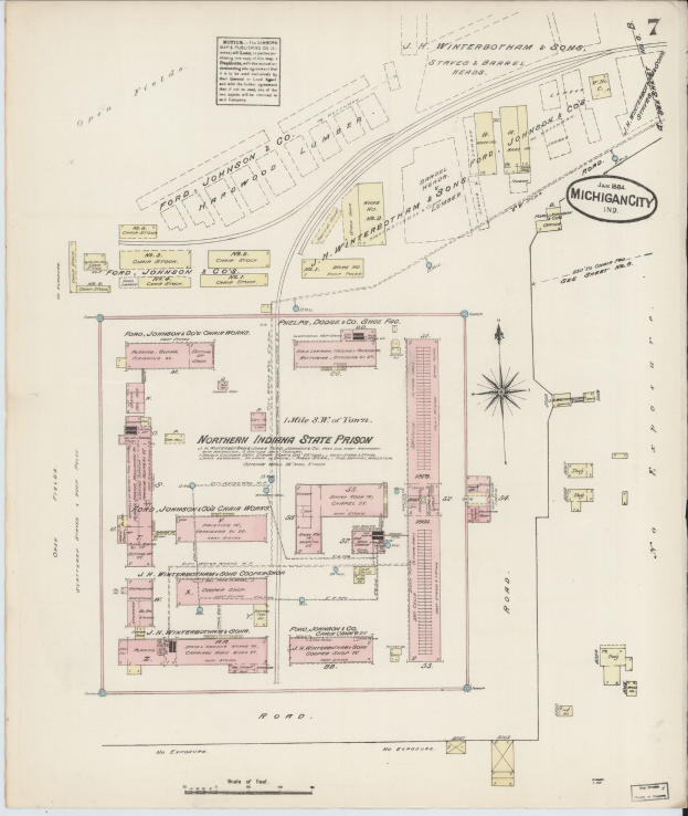 Alte Karte von Detroit, Michigan, mit Hervorhebung der Lage des nordindianischen Staatsgef├Ąngnisses mit gedrucktem Text.