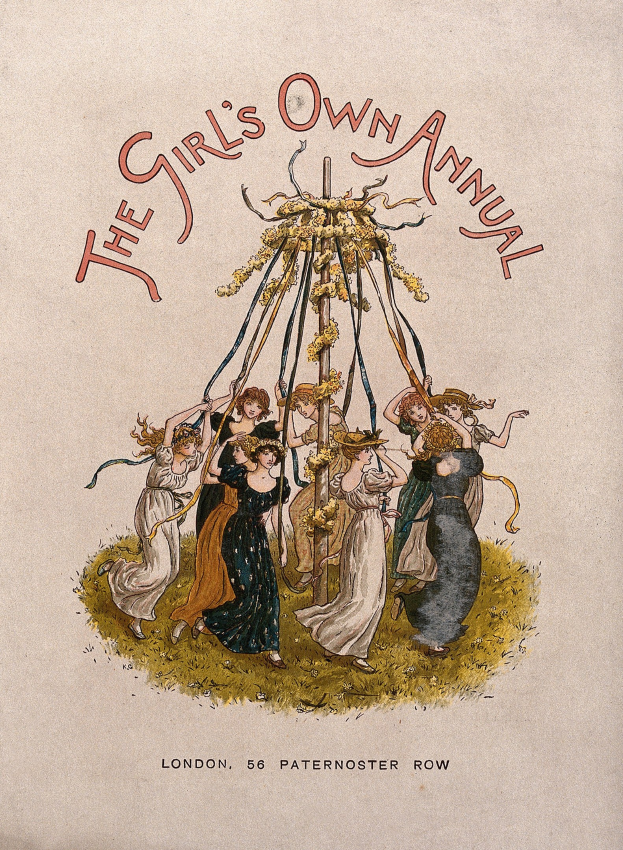 Illustration aus 'The Girl's Own Annual', die Menschen in bunten Kleidern beim Tanzen um einen geschmückten Maibaum mit Bändern zeigt.