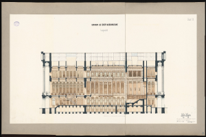 Schwarzes und weißes architektonisches Zeichnung des Eingangs zur Einer Musikakademie in Leipzig, mit mehreren Fenstern und Balkonen auf weißem Papier mit Text, gegen einen schwarzen Hintergrund dargestellt.