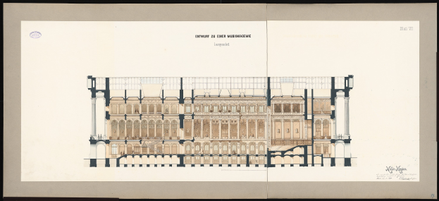 Schwarzes und weißes architektonisches Zeichnung des Eingangs zur Einer Musikakademie in Leipzig, mit mehreren Fenstern und Balkonen auf weißem Papier mit Text, gegen einen schwarzen Hintergrund dargestellt.