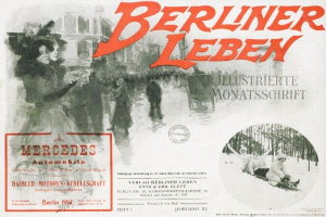 Anzeige für ein Mercedes-Benz-Fahrzeug in Berlin, Deutschland, das Personen, Bäume, Gebäude, Text und einen Stempel zeigt.