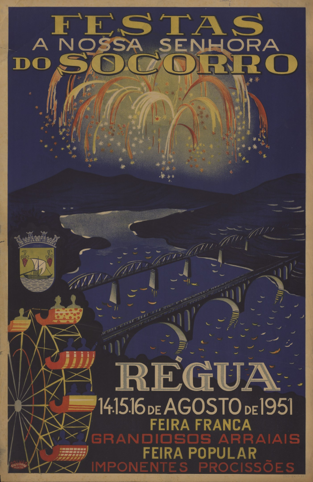 Plakat für ein brasilianisches Festival mit einer Brücke, Wasser, Hügeln, Feuerwerk und Text.