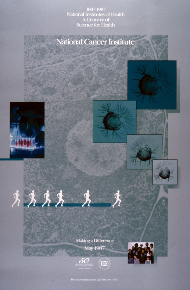 Buntes Plakat mit blauem Hintergrund und weißer, fetter, großgeschriebener Schrift "National Cancer Institute", umgeben von überlappenden Bildern von lachenden Menschen verschiedenen Alters, Geschlechts und Ethnien, die in einem Kreis angeordnet sind.