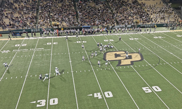 Ein Fußballspiel im Gange auf einem Stadionfeld mit Zuschauern in den Rängen und verschiedenen Stadionstrukturen im Hintergrund.