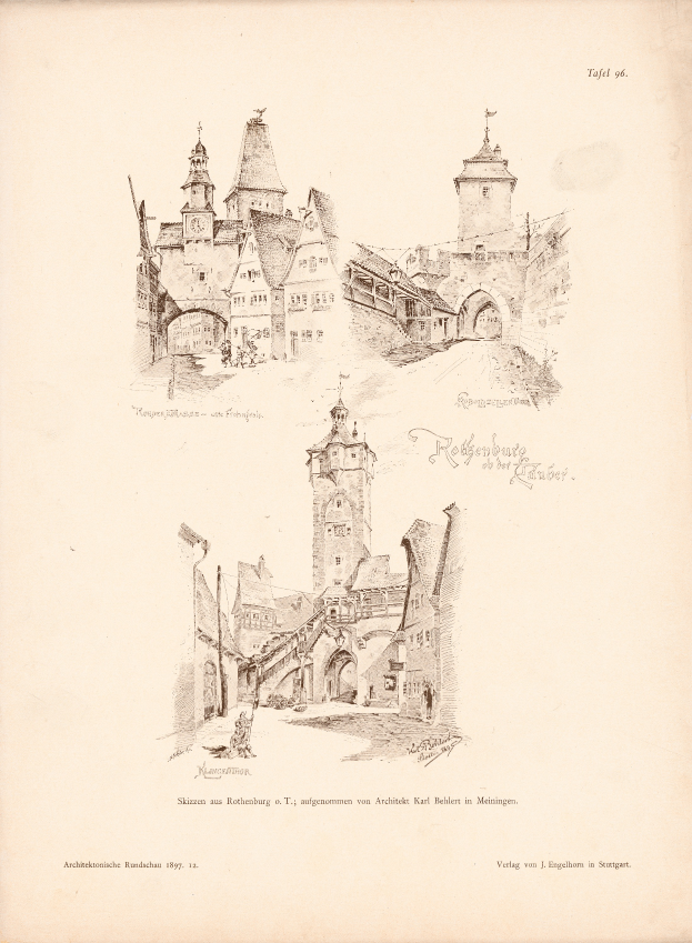 Ein altes Buch mit einer Zeichnung eines von Gebäuden umgebenen Schlosses.