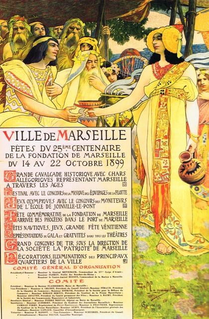 Plakat aus dem Jahr 1899, das ein Fest in Marseille, Frankreich, ankündigt und eine Gruppe von Menschen mit B├Ąumen im Hintergrund und Text über die Festdetails zeigt.