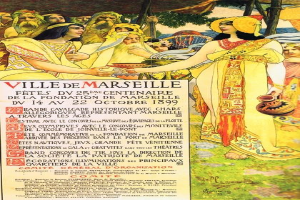 Plakat aus dem Jahr 1899, das ein Fest in Marseille, Frankreich, ankündigt und eine Gruppe von Menschen mit B├Ąumen im Hintergrund und Text über die Festdetails zeigt.
