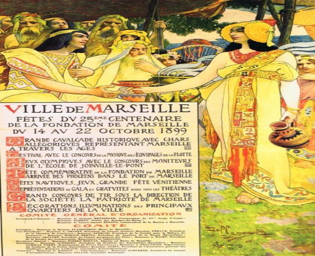 Plakat aus dem Jahr 1899, das ein Fest in Marseille, Frankreich, ankündigt und eine Gruppe von Menschen mit B├Ąumen im Hintergrund und Text über die Festdetails zeigt.