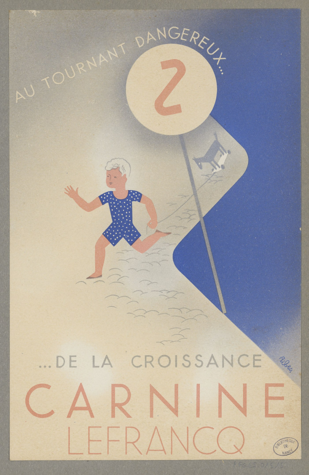 Ein Faschingsplakat in Frankreich mit einer Person in einem leuchtend gelben Kleid, die in der Mitte strahlend lächelt, umgeben von schwarzem, fetten Text, der "Fasching" lautet.