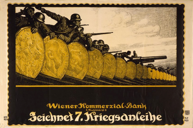 Eine Gruppe von Helmi tragenden Individuen mit Waffen, mit dem Text "Wiener Kommerzial Bank" unten auf einem deutschen Weltkriegspropagandaplakat der deutschen Armee.