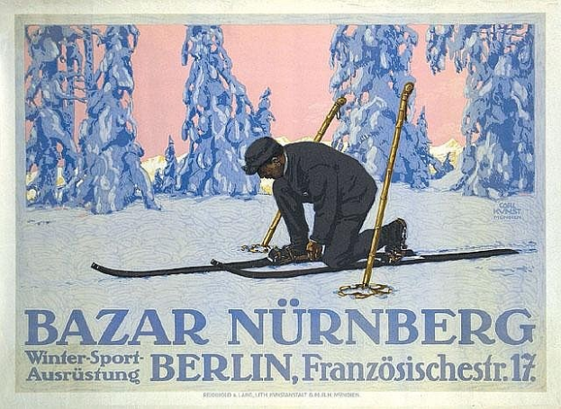 Plakat zum Bazar Nürnberg Winter Sport in Berlin, Deutschland, mit einer Person auf Skiern vor Bäumen und Event-Text.