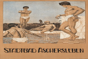 Plakat für ein Schwimmbad in Aschersleben, Deutschland, das Menschen zeigt, die im Wasser stehen und sitzen, mit Text über die Einrichtungen des Schwimmbads.