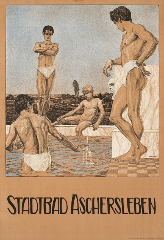 Plakat für ein Schwimmbad in Aschersleben, Deutschland, das Menschen zeigt, die im Wasser stehen und sitzen, mit Text über die Einrichtungen des Schwimmbads.