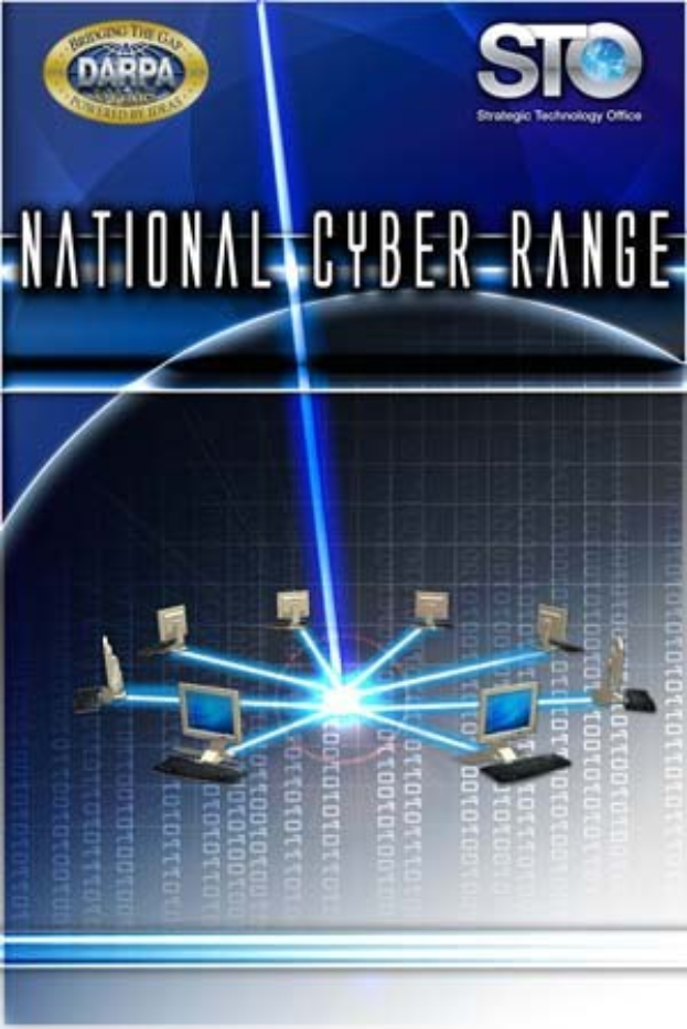 Plakat mit "National Cyber Range" in fetter weißer Schrift auf blauem Hintergrund, das eine Weltkugel mit mehreren verbundenen Computern zeigt.