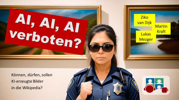 Eine Frau in einer Polizeiuniform und Sonnenbrille steht vor einer Wand mit zwei gerahmten Fotos, während bearbeiteter Text auf der linken Seite erscheint, der "AI, AI, AI Verboten?" liest.