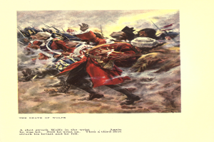 Ein Plakat, das eine Gruppe verzweifelter Menschen zeigt, einige schauen ängstlich nach oben, andere traurig nach unten, unter dem Text 'Der Tod von Wolfe' in gedämpften Farben.