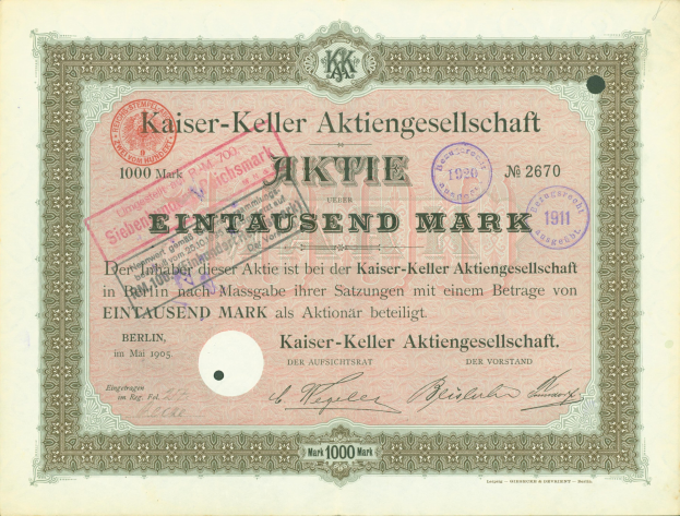 Ein altes deutsches Aktienzertifikat, das von der Kaiser-Keller Aktiengesellschaft ausgegeben wurde und Text sowie Stempel enthält.