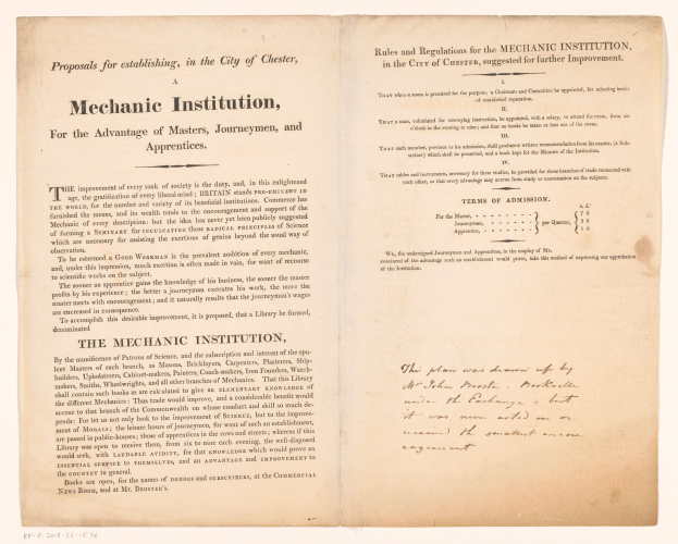 Offenes Buch mit dem Titel "Mechanic Institution, for the Advantage of Masters, Journeymen, and Apprenticeships", likely a proposal for establishing a mechanical institution.