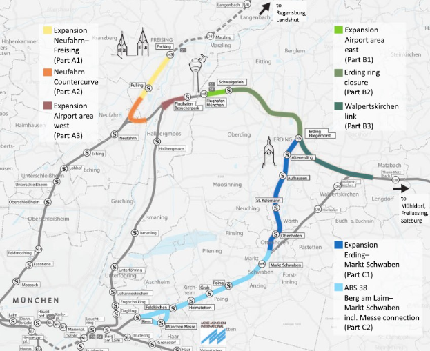Eine detaillierte Karte einer Stadt mit einer hervorgehobenen Bahnroute von München nach Frankfurt, einschließlich Haltestellen und Umgebung, mit zusätzlichen Bahninformationen.