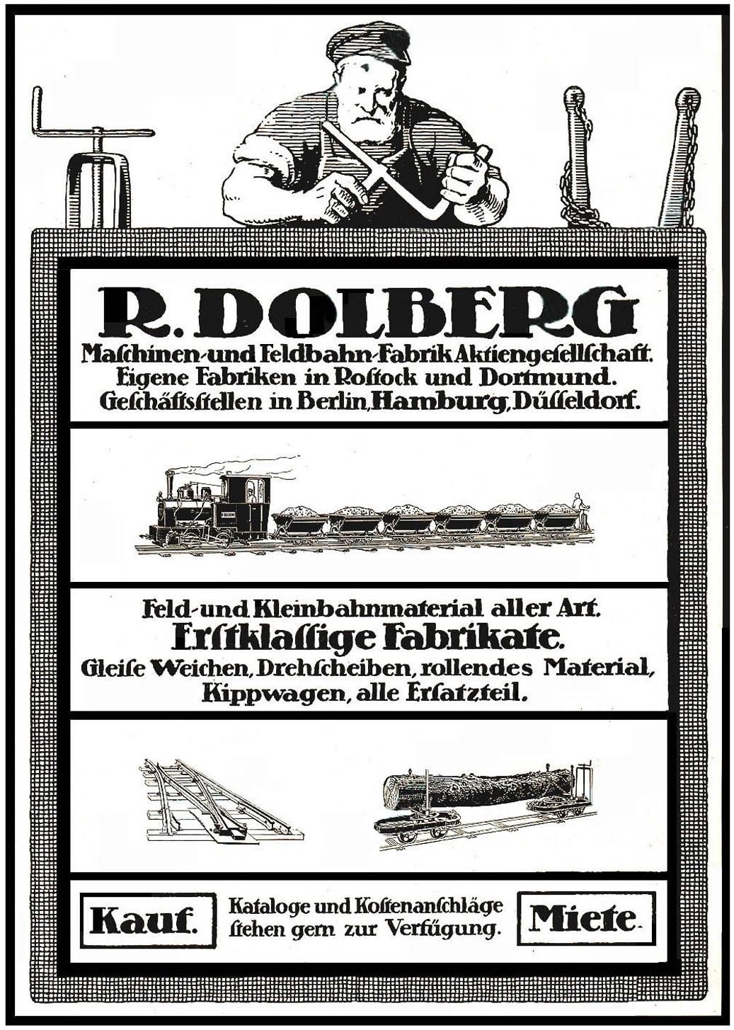 Werbung für die Fabrik von R.D. Dolberg in Hamburg, Deutschland, mit Text und Bildern, darunter eine Person, ein Zug und andere Gegenstände.