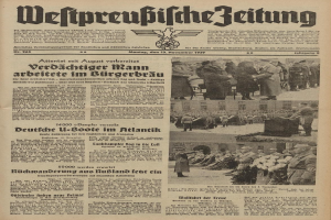 Schwarze Titelseite einer deutschen Zeitung vom 13. November 1939, betitelt "Weitpreubliche Zeitung", zeigt eine Gruppe von Menschen in traditioneller deutscher Kleidung in einer feierlichen Umgebung.