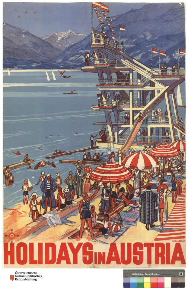Plakat, das Urlaube in Österreich anpreist und Menschen am Strand mit Schirmen, einem Schiff im Hintergrund, Fahnen und fernen Bergen zeigt.