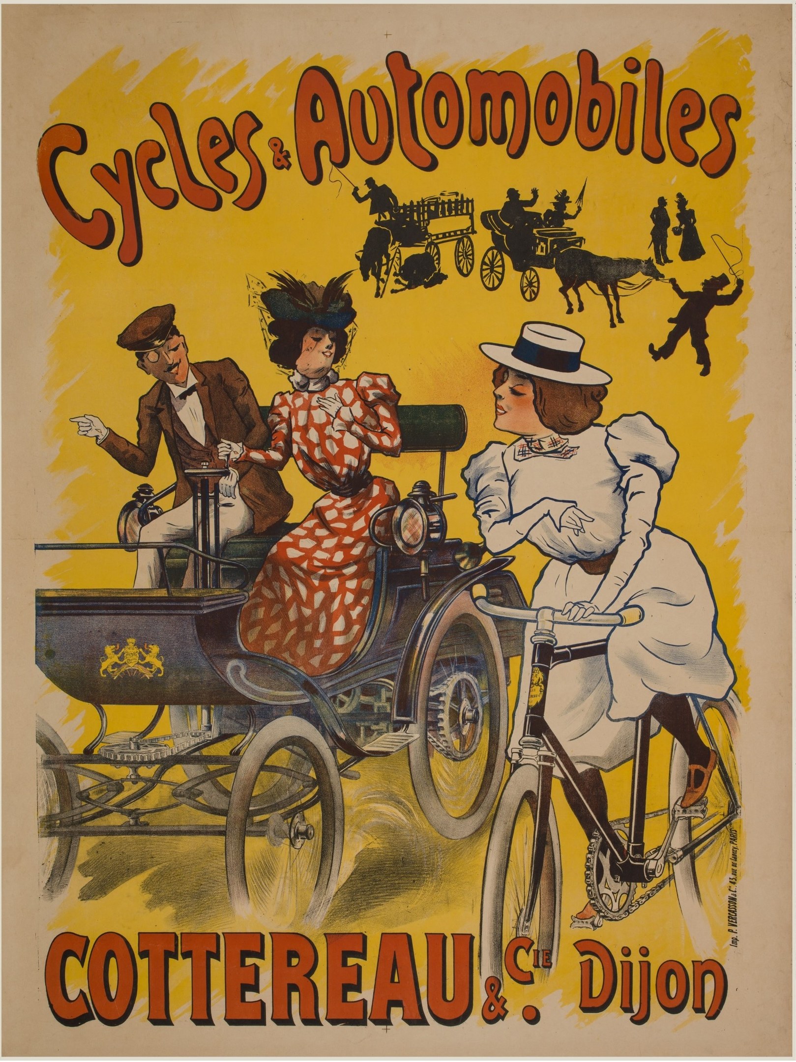 Plakat zur Ankündigung von Fahrrädern und Automobilen in Cottereau und Dijon, Frankreich, mit Menschen auf Fahrrädern und einer Kutsche mit dem Text "Fahrräder und Automobile" oben drauf.