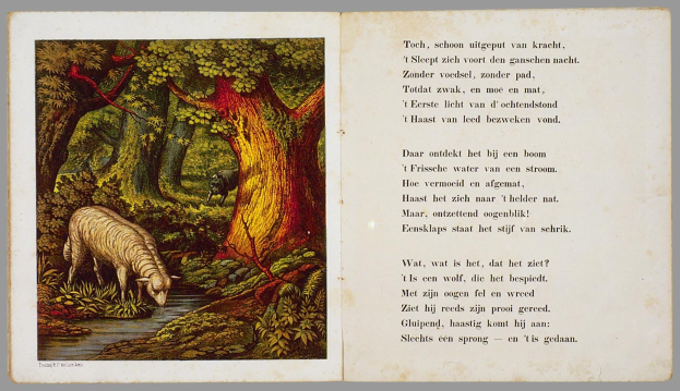 Offenes Buch mit einer Illustration eines Schafs, das auf einer bewaldeten Fläche grast, umgeben von Bäumen, Pflanzen und Wasser, und mit der Überschrift "Die Geschichte des Schafs" und lesbarem Text auf der rechten Seite.