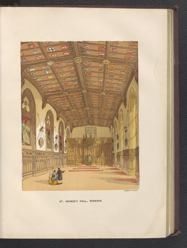 Offenes Buch mit detaillierter Illustration des Inneren von St. Georgs Halle in Windsor, England, mit sichtbarer Architektur und Figuren, auf schwarzer Oberfläche.