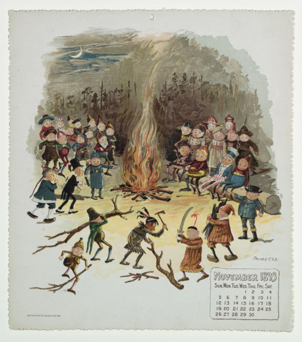 Ein Kalender mit einer Illustration von Menschen um ein Lagerfeuer versammelt, einige halten Stöcke, während das Feuer ihre Gesichter hell erleuchtet.