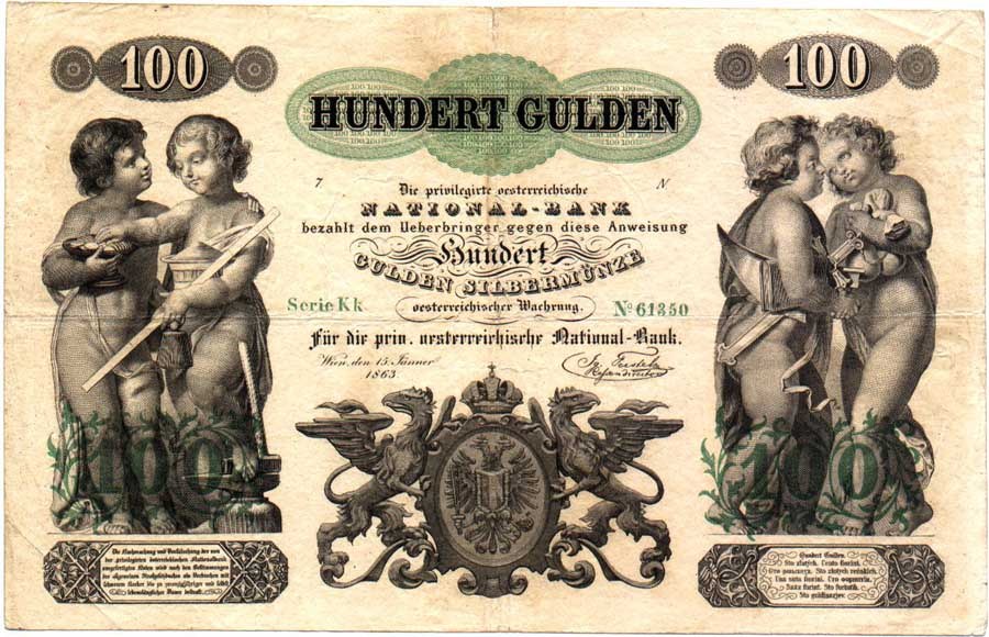 Alte deutsche Banknote mit zwei Kindern, bedruckt mit Zahlen, Text und Logo auf weißem Papier.