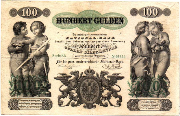 Alte deutsche Banknote mit zwei Kindern, bedruckt mit Zahlen, Text und Logo auf weißem Papier.