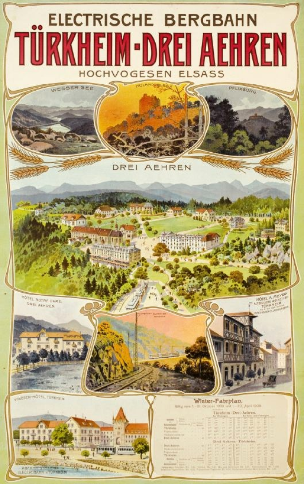 Plakat f"ur die Elektrostadt Bergbahn, Deutschland mit Bildern von Geb"auden, B"aumen, H"ugeln und beschreibendem Text.