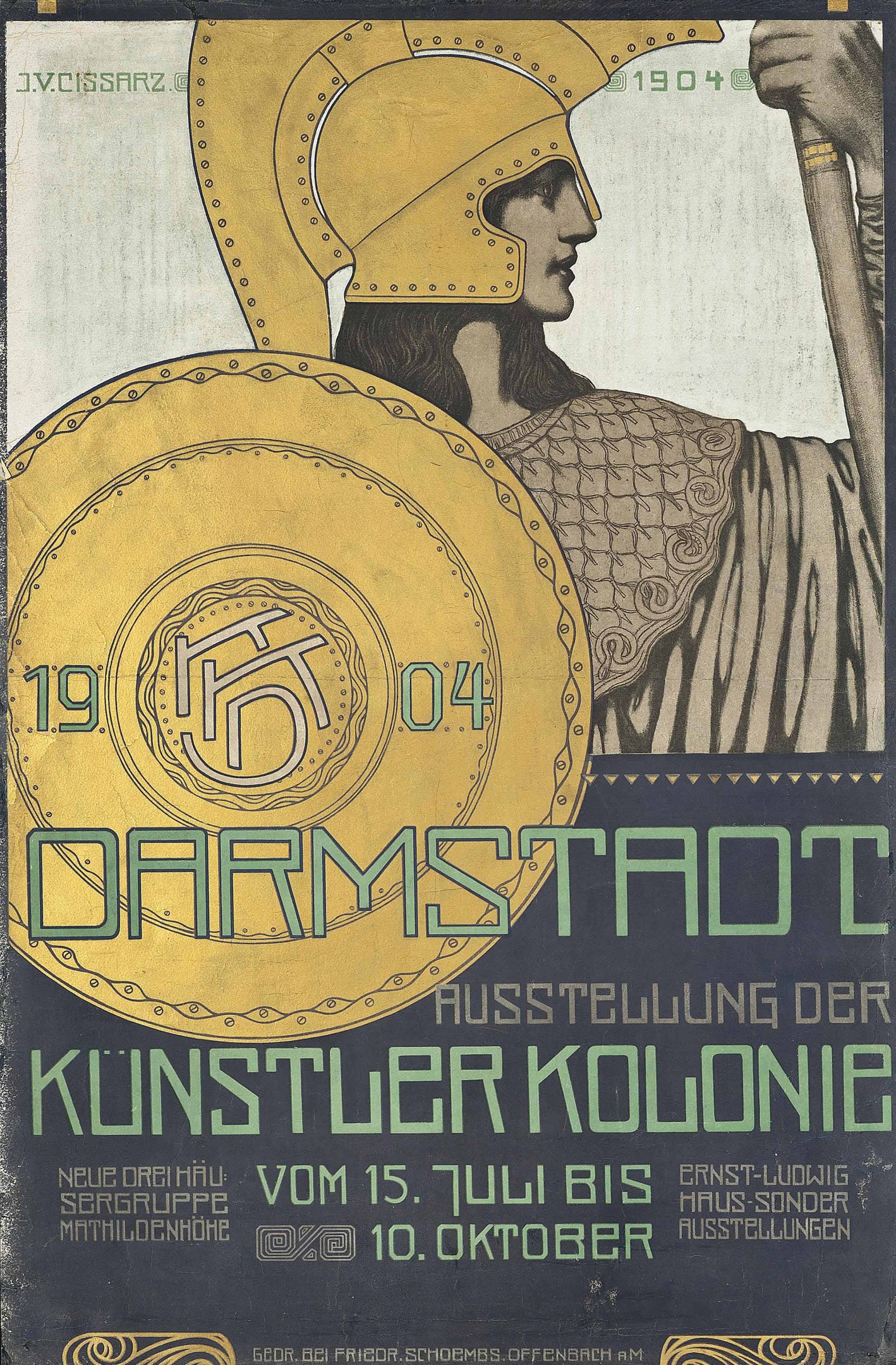 Plakat für ein 1904er Berlin-Konzert mit einem Helmträger, der ein Schild hält, und der Aufschrift «Darmstadt» und «Künstler Kolonie»