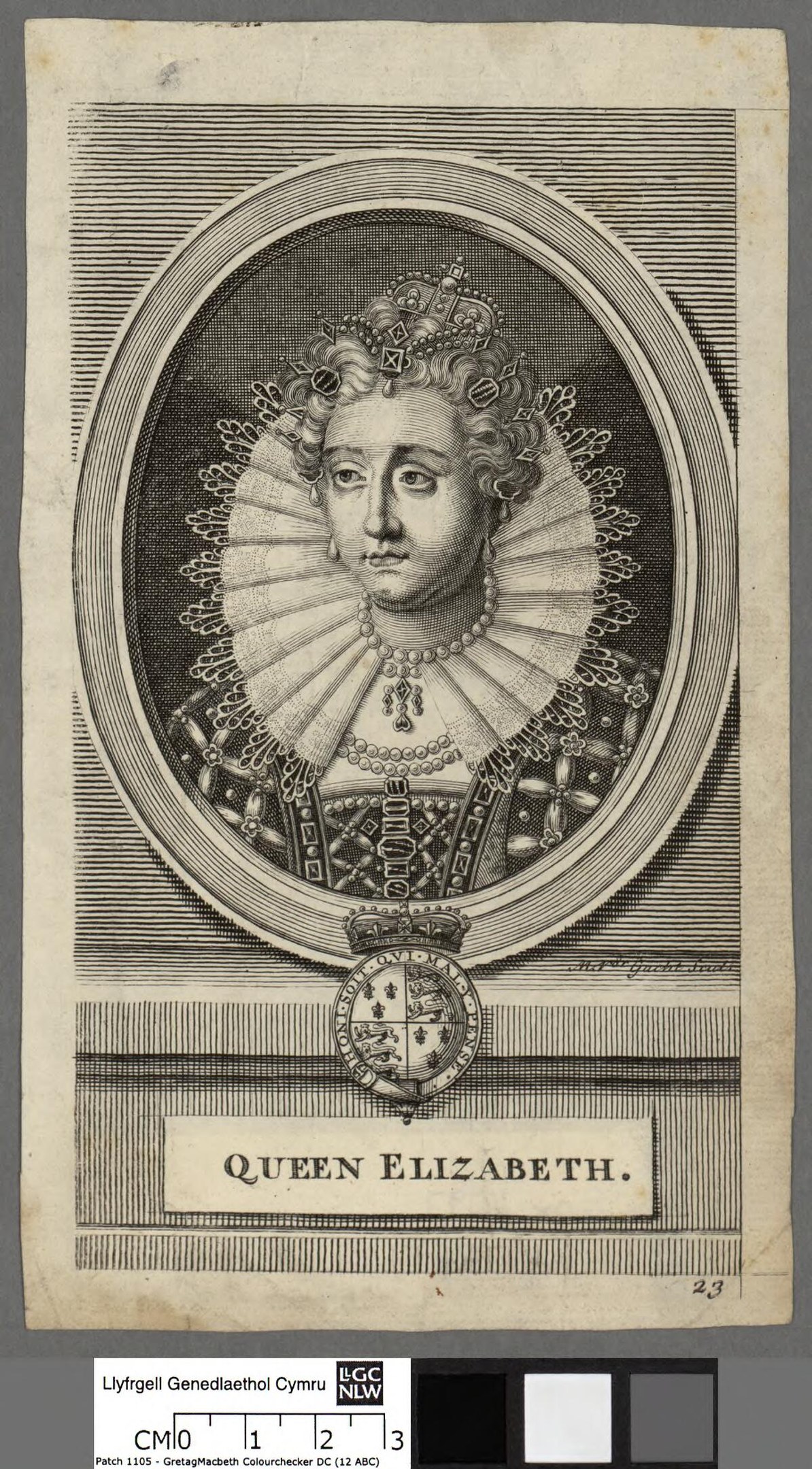 Porträt der Queen Elizabeth I. von England in königlicher Kleidung, einschließlich einer Krone und Tiara, mit einem würdevollen Gesichtsausdruck und zurückgebundenem Haar, vor einem grauen Hintergrund.