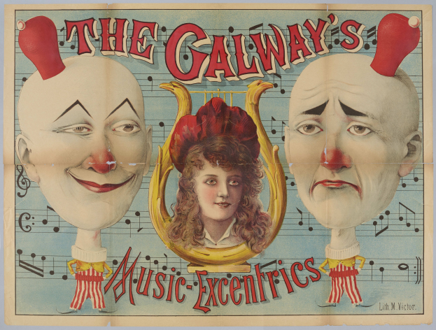 Ein Plakat für die Galway Music Excentrics, das eine Frau in der Mitte umgeben von zwei Clowns zeigt, mit Texten, die das Zirkusprogramm und seine Künstler beschreiben.