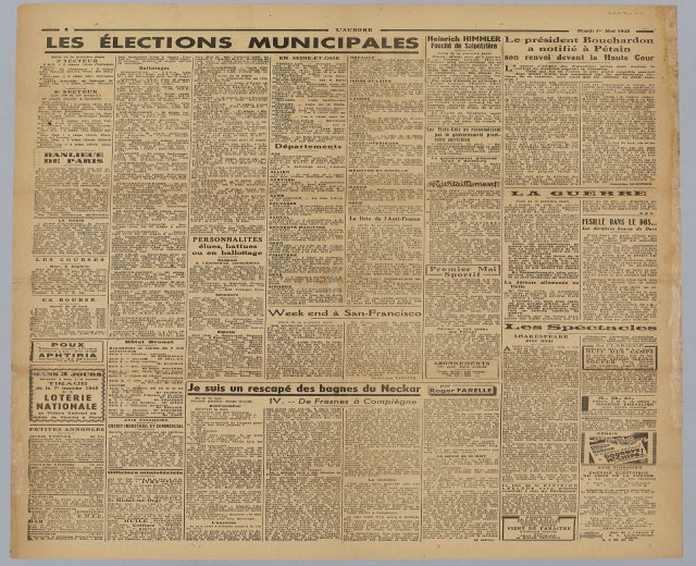 Titelseite der französischen Zeitung "Les Élections Municipales" mit weißem Hintergrund und Text über Kommunalwahlen.