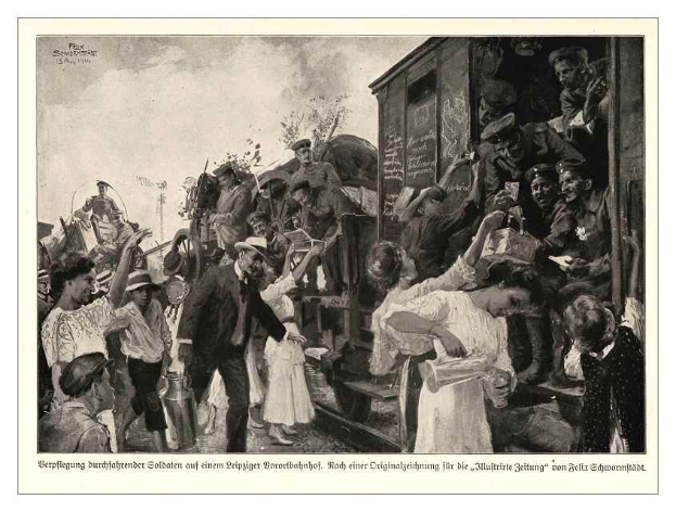 Ein Schwarz-Weiß-Foto einer Gruppe von Menschen, die vor einem Zug stehen, einige halten Gegenstände, vor Bäumen und Himmel, mit Text unten: "P.K. Schneiderstatt, 1874-1914 - Deutsch - Deutscher Bürgerkrieg".