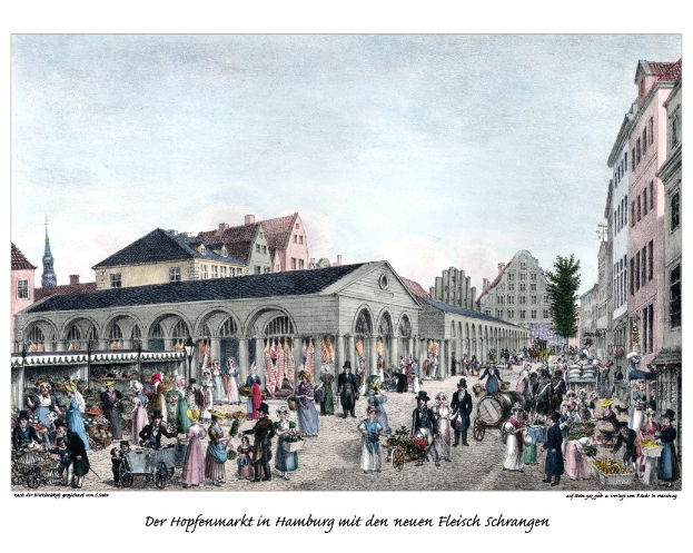 Ein Bild einer belebten Stadtstraße mit Menschen, die gehen, einige mit Karren, Gebäude mit Fenstern im Hintergrund, Bäume und ein bewölkter Himmel, mit Text unten.