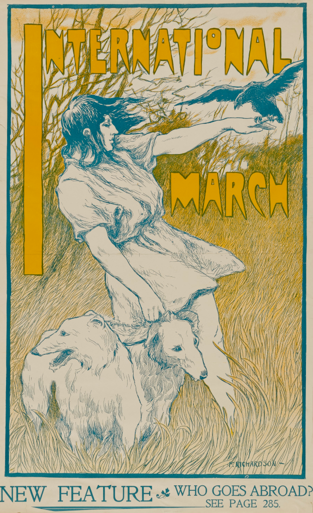 Plakat für den Internationalen Marsch mit einer Frau mit einem menschlichen Gesicht und einem Hund, mit Text zu Ereignisinformationen.