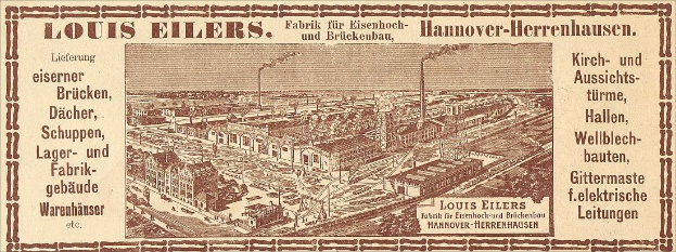 Schwarze und weiße Werbung für die Louis Eilers Hannover-Herrenhausen-Fabrik mit einem Bild des Fabrikgebäudes und begleitendem Text.