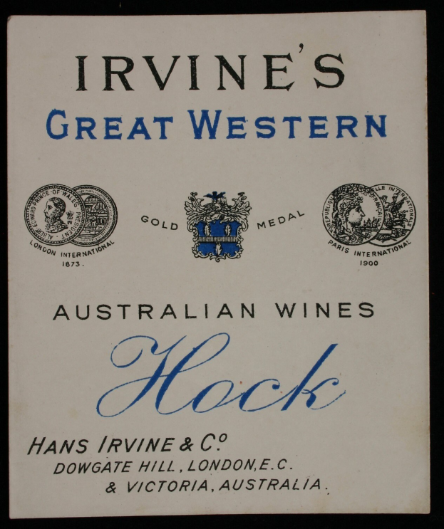 Plakatwerbung für Irvines Große Western Australische Weine Hock, das die Logos und Texte des Unternehmens zeigt, die verschiedene Weinarten angeben.