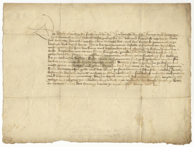 Ein vergilbtes, altes Papier mit sauberer, lesbarer Schreibschrift, das angeblich ein Brief des deutschen Finanzministers an seine Frau ist.