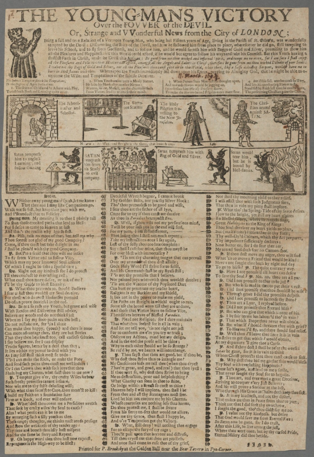 Ein Blatt mit Text und Illustrationen, das den Sieg eines jungen Mannes feiert, mit detaillierten Abbildungen entschlossener junger Männer und fettem Text, der den Erfolg betont.
