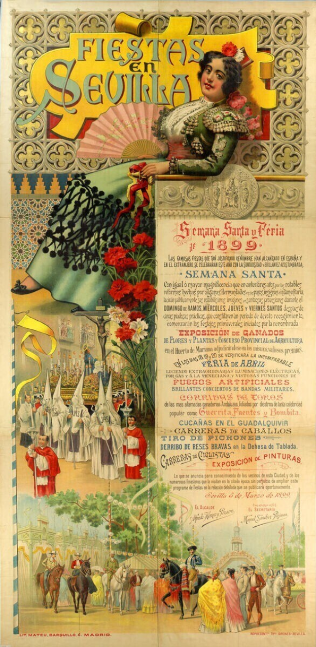 Plakat für ein Fest in Sevilla, Spanien, mit einer Frau in traditioneller Kleidung umgeben von Menschen, Pferden, Bäumen und Blumen sowie Text mit Veranstaltungseinzelheiten.