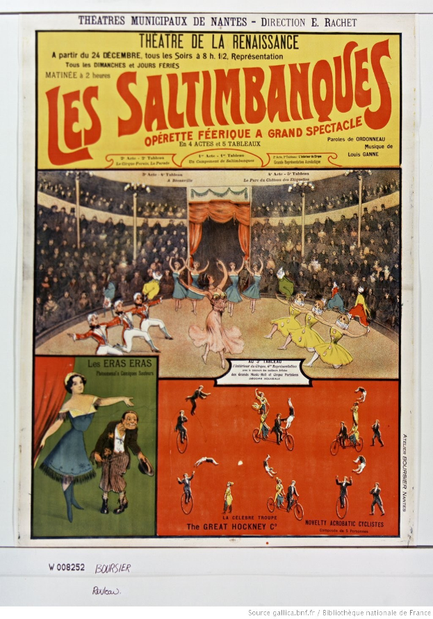 Farbiges Plakat für das Musical *Les Saltimbanques* im Théâtre de la Renaissance, mit einer Zirkusszene und einer markanten Titelüberschrift.