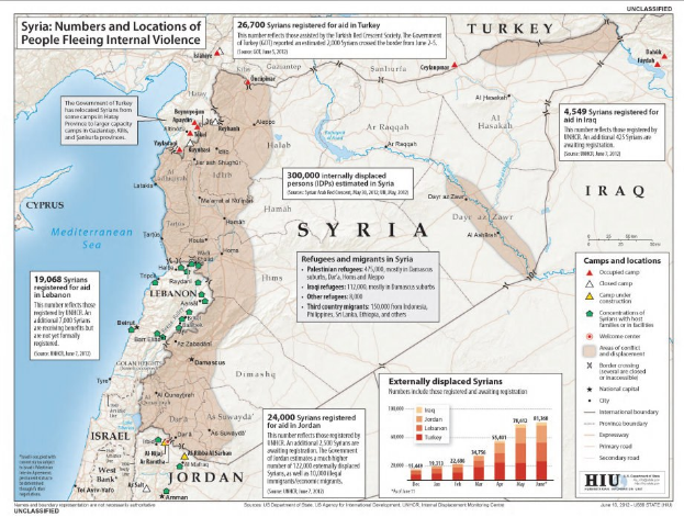 Ein Plakat mit einer Karte von Syrien, auf der Daten zu Binnenflüchtlingen aufgrund von Gewalt angezeigt werden, begleitet von erklärendem Text und Diagrammen.