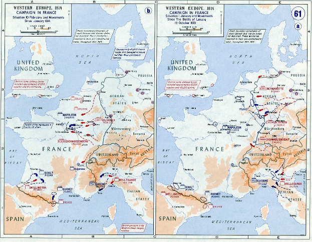 Eine historische Poster-Karte von Europa während der Schlacht von Leipzig, unterteilt in Abschnitte für Europa und Frankreich, mit nummerierten Regionen und beschrifteten geografischen Merkmalen.